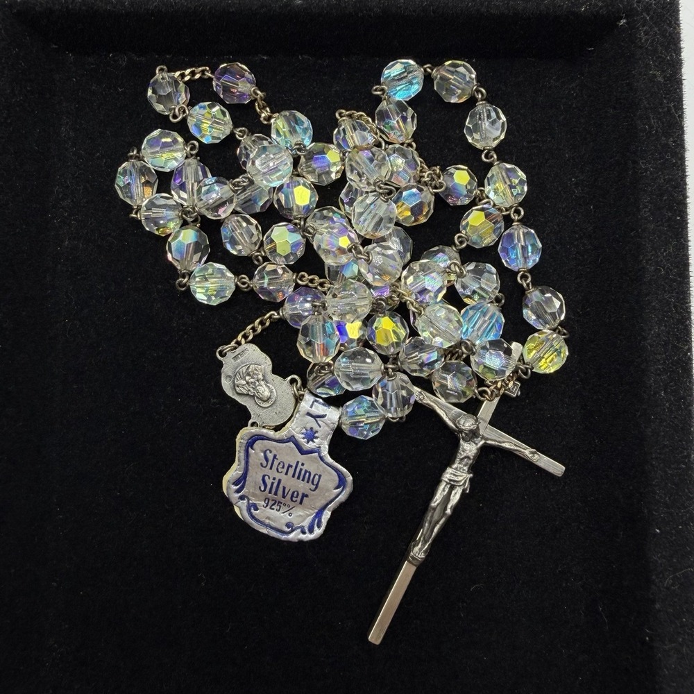 Chapel Sterling Silver Rosary Aurora Borealis Iridescent Crystal Beads Italy New
